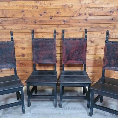 (4) Rustic Western Leather Back Dining Chairs
