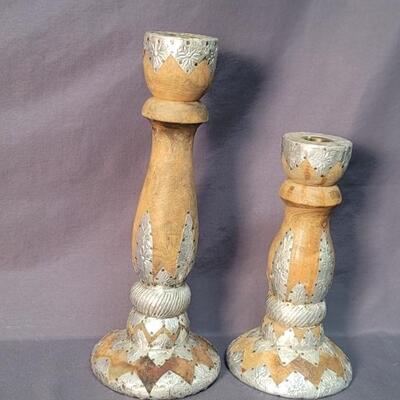 (2) Rustic Farmhouse Wooden Candlesticks with
Punched Tin Design
