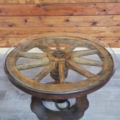 Western Wagon Wheel Side Table with Glass Top