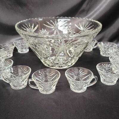 Vintage Pressed Glass Punch Bowl with 13 Cups