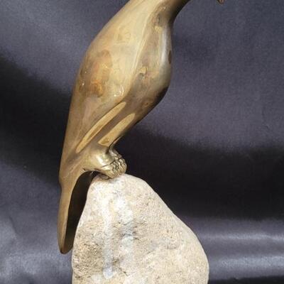 Mid Century Decor: Heavy Brass Falcon on Rock