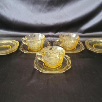 (10) Yellow Vaseline Glass: 3-Cups & 7-Saucers