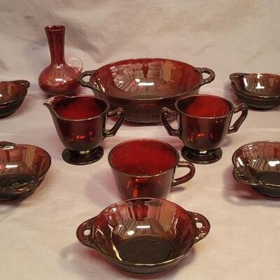 (10) Ruby Glass: 1-Bowl, 5- Handled Custard Cups 2-Cream & Sugar, 1-Cup, 1-Small Vase