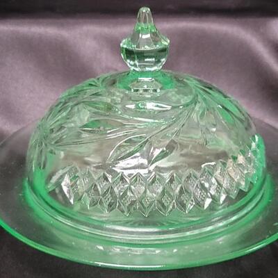 Vaseline Green Depression Glass Domed Cheese Plate