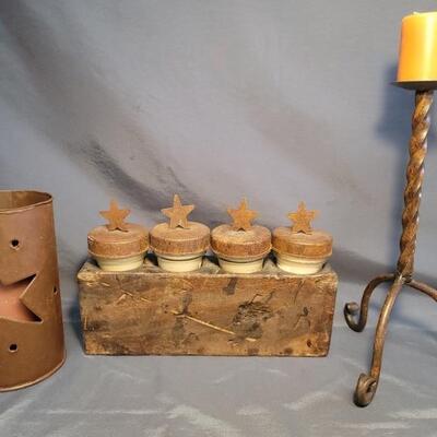 (3) Sets of Rustic Western & Texan Home Decor:
1- Set of Votive Candles with Metal Star Lids in Wooden Base, 1-Iron Twist Candle Holder...