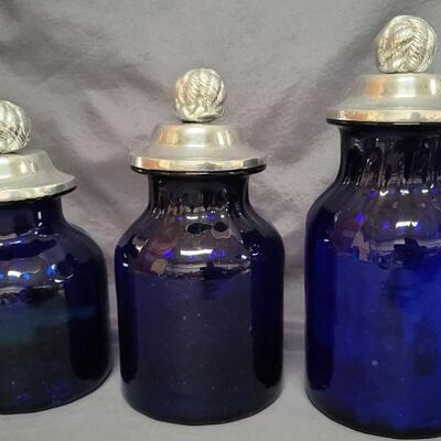 (3) Mouth Blown Cobalt Blue Glass Lidded Canisters