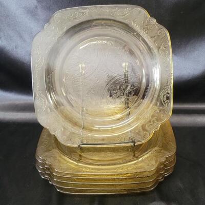 (6) Yellow Vaseline Depression Glass 9in Plates