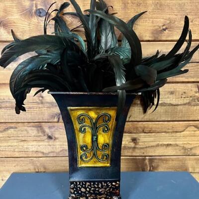 Decorative Metal Vase with Feathers