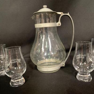 (5) Vintage Pewter & Glass Carafe & 4 Brandy