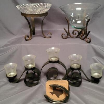 Home Decor Lot: Candle Holders w/ Metal Bases, Horseshoe Coaster Holder with 4 Leather Texas Coasters