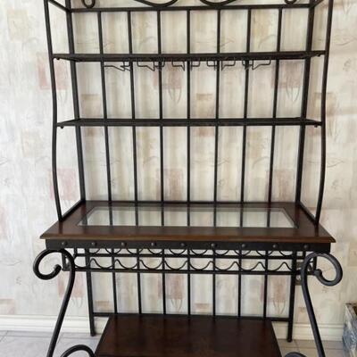 Wrought Iron, Wooden, & Glass Bakers Rack