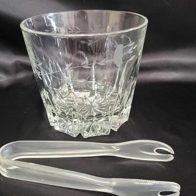 Vintage Etched Crystal Ice Bucket & Tongs