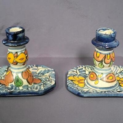 Mexican Talavera Pottery Candlesticks-2 Signed
