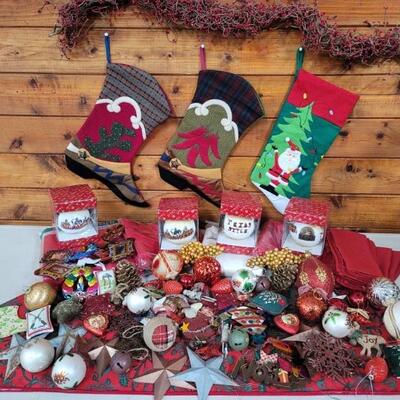 Large Christmas Lot of Ornaments, Linens, & Stockings