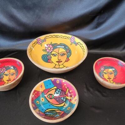 (4) Colorful Wooden Bowls: 3-Frida Kahlo & 1-Fish	