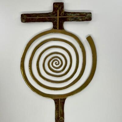 "Bronze spiral and cross sculpture with built in loop for hanging on wall. 
Artist: Bill Worrell (American, b. 1936)â€¨Title: The...