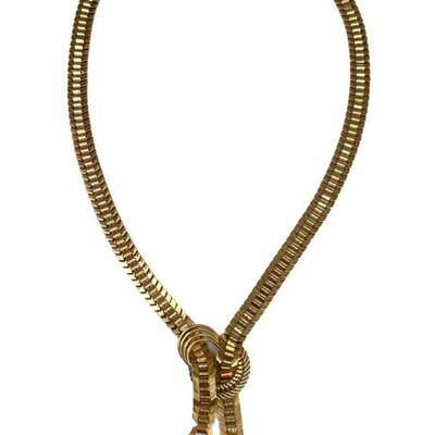 "An 18kt yellow gold necklace with French hallmarks for 18k (obscured eagleâ€™s head and dogâ€™s head). Necklace has a link chain...