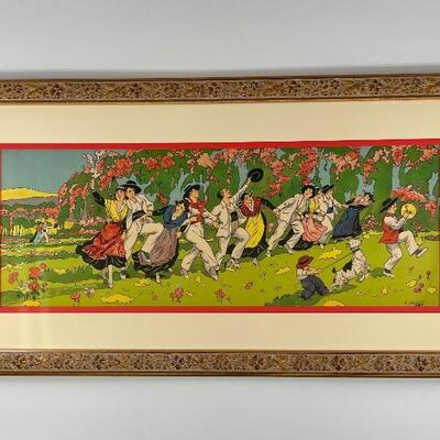 "Color lithograph, identified as G. Niezab (lower right), depicting a row of people playing music and dancing in colorful landscape....