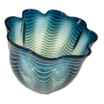 Dale Chihuly vibrant teal, blue and yellow sea form Persian basket. Portland Press edition, 1997. Size: 7â€ high x 7 7/8â€ diameter