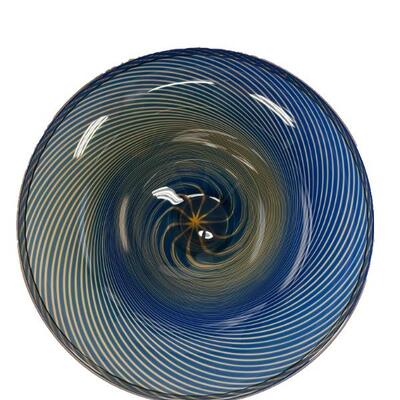 Edward Hald (Swedish, 1883-1980) for Orrefors "slipgraal" footed bowl. Striking blue and yellow swirl. Etched signature to...