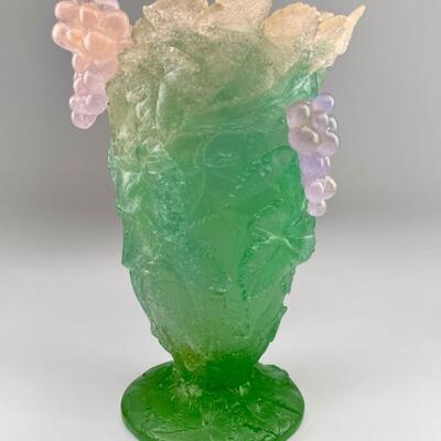 French Daum pate de verre vase with pink and purple grape clusters and leaves around rim. Size: 8 3/4â€ high