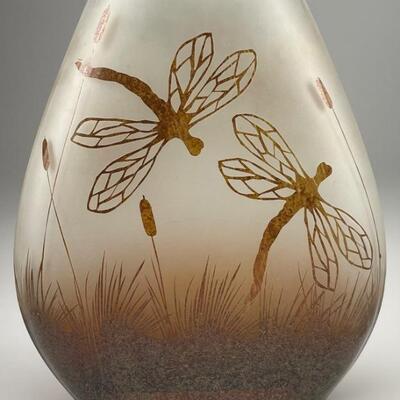 Horna (Polish) Signed glass cameo fragonfly and cattails vase. Contemporary. Size: 8 1/4â€ high