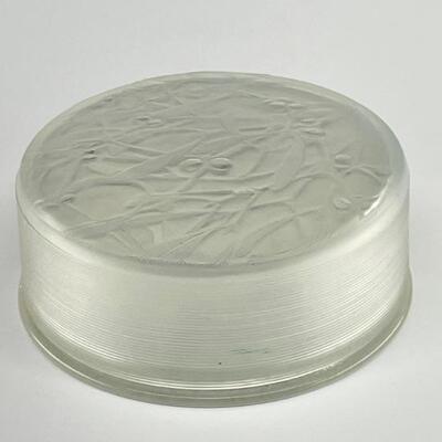 R. Lalique powder box with frosted glass lid and clear base. Size: 1 5/8â€ high x 4â€ diameter