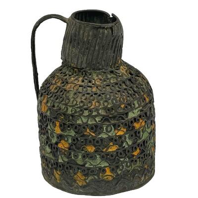 Archaic miniature jug with scrolling metalwork having cells filled with green and orange enamel. Thin handle, fluted neck. Unknown...