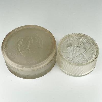 "Lot of two. â€¨â€¨1) R. Lalique frosted glass circular covered box, â€œTrois Danseursâ€, the base marked â€œR. Lalique -...
