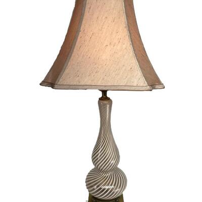 "Mid Century Murano glass gold and white swirl table lamp. Single socket. With harp and bronze tone lampshade, lacking finial....