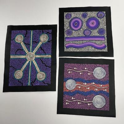 "Group of three original paintings. 
Artist: Raymond Walters Japanangka (Australian (Aboriginal), b. 1975) 
Signed and titled verso,...