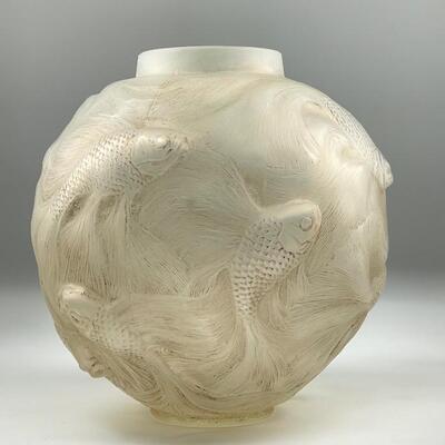 â€œEucalyptusâ€, frosted Lalique vase with vertical leaf panels and flowering bud feet. Circa: 1925. Size: 6 1/2â€ high