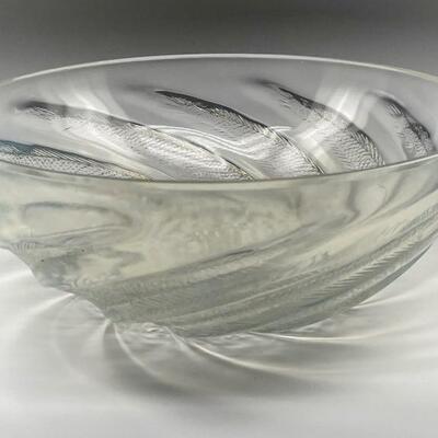 Lalique France frosted glass â€œPinsonsâ€ centerpiece bowl. Pattern of birds and wings repeating with concentric foliate decoration....