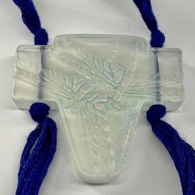 Lalique â€œLibellulesâ€ opalescent glass pendant featuring two raised dragonflies. Later silk thread. Circa: 1920. Size: 1 3/4â€ x 1...
