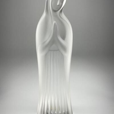 Frosted glass standing Madonna with head tilted, hands in prayer. Size: 10â€ high