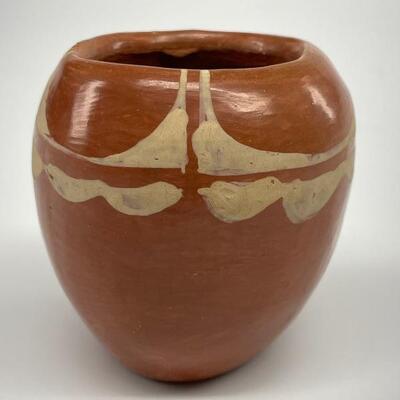 "Small vase, unsigned, orange clay with white accents and accompanying hand written provenanceâ€¦1899 Adirondacks, Camp Sidney, near...