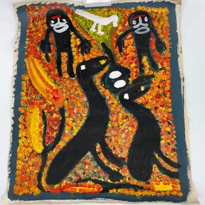 "Artist: Pantjiti Mary McLean (b. 1935)
Title: Ninga Mia / Western Australia
Subject: Figures and dogs on orange
Medium: Acrylic on...