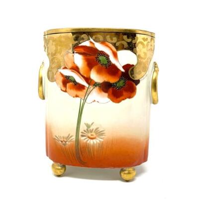 Large Limoges Poppy And Gold Pot Cache Signed Listed Artist Circa 1900 