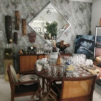 Dining Room Full of Stemware and Large Mid Century Beveled Mirror