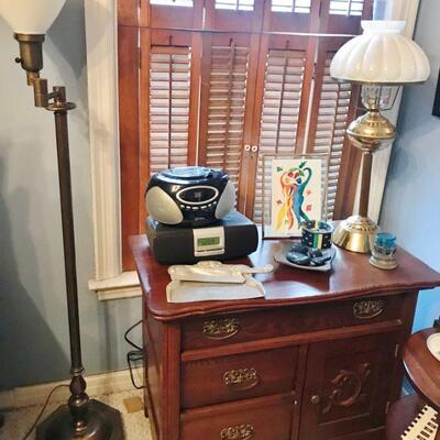 Antique Wash Stand and Brass Table Lamps