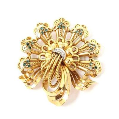 #614 â€¢ 18k Gold Pin with Diamond and Green Spinel Accents, 20.9g