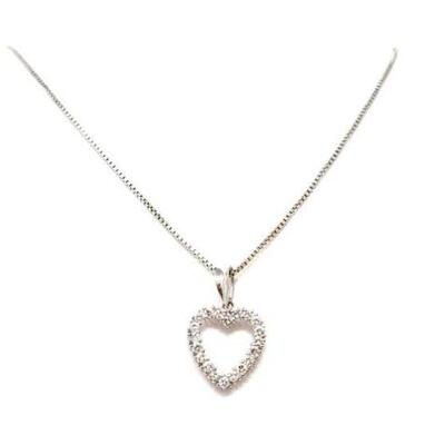 #620 â€¢ 18k White Gold Heart Pendant with Diamonds and Chain, 10.2g