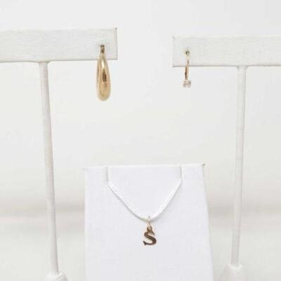 
#702 â€¢ (2) Pairs of 14k Gold Earrings and S Pendant, 3.2g