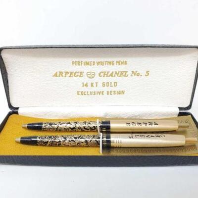 #750 â€¢ (2) 14k Gold Perfumed Writing Arpege Chanel No.5 Exclusive Design in Original Box