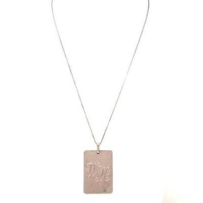 #618 â€¢ Engraved 18k White Fold Bar Pendant with Chain, 53.3g