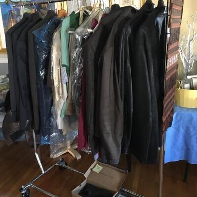 Men's Clothing (42 long, pants 34/34, shirts large, shoes size 10), leather jackets