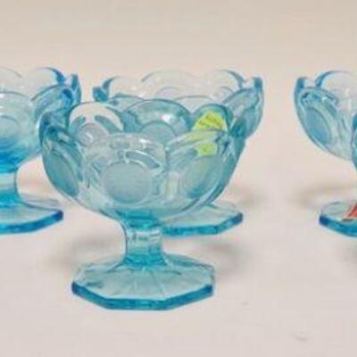 1073	8 BLUE FOSTORIA COIN GLASS JELLY DISHES 4 IN H 
