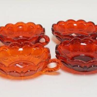 1095	7 RUBY RED FOSTORIA COIN GLASS CANDY DISHES, LOT INCLUDES 6 SMALL HANDLED DISHES & ONE LOW COVERED CANDY DISH (HAS SOME MINOR INNER...