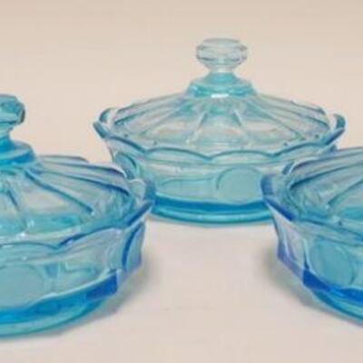 1074	5 BLUE FOSTORIA COIN GLASS COVERED CANDY DISHES APP 4 1/2 IN H 6 1/2 IN DIAMETER
