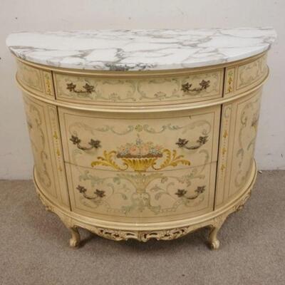 1023	PAINT DECORATED ITALIAN DEMILUNE, MARBLE TOP, APPROXIMATELY 44 IN WIDE X 20 IN DEEP X 34 IN HIGH
